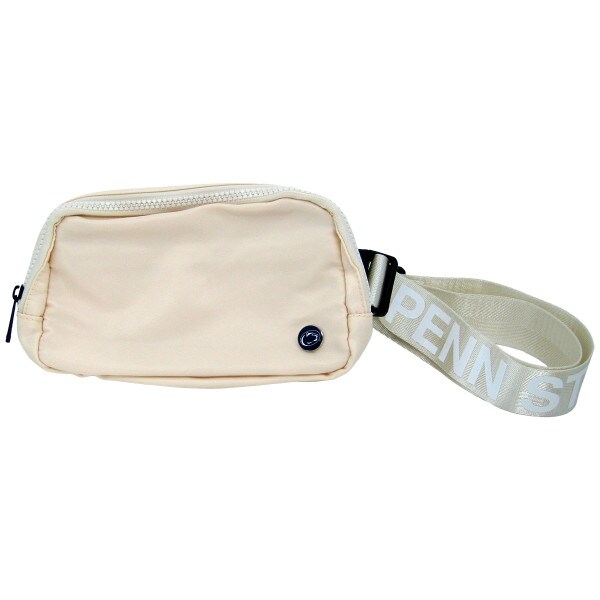 cream belt bag with Penn State Athletic Logo medallion and Penn State on belt
